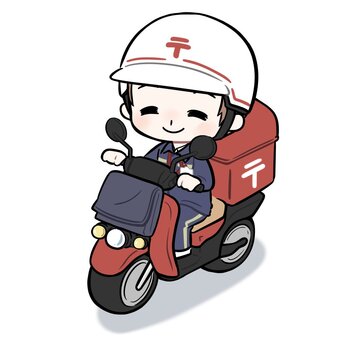 バイクで配達する郵便屋さんの男性　笑顔 郵便,郵便配達,バイク,郵便やさん,配達,手紙,荷物,届ける,配達員,全身のイラスト素材