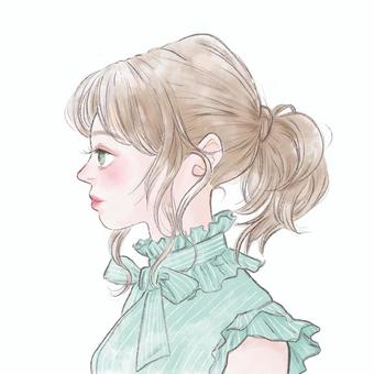 横顔の女の子(背景なし) 横顔の女の子(背景なし) 女性,女の子,きれい,可愛い,ポニーテール,ブラウス,フリル,リボン,ブルー,グリーンのイラスト素材