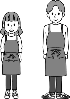グレー・エプロン姿の男女_2 グレースケール,モノクロ,白黒,大人,男性,女性,男女,ペア,おそろい,二人のイラスト素材