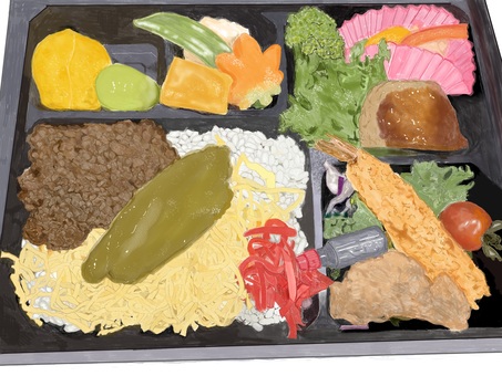 そぼろ弁当 お弁当,肉そぼろ,錦糸卵,エビフライ,フルーツ,唐揚げ,紅ショウガのイラスト素材