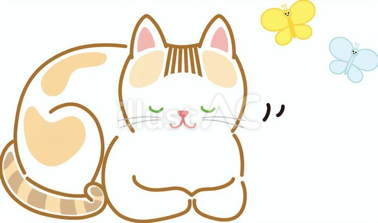 箱座りネコとちょうちょ ねこ,箱座り,線画のイラスト素材
