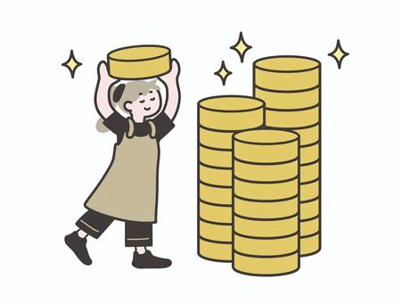 コインを積む人 コイン,お金,積む,貯める,積み立てる,貯金,貯まる,女性,人物,エプロンのイラスト素材