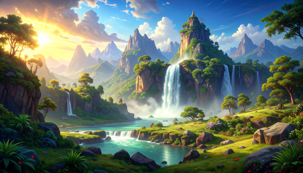 Fantasy Background Ruins Waterfall Scenery, JPG Fantasy Background Ruins Waterfall Scenery, the scenery, natural, forest, JPG