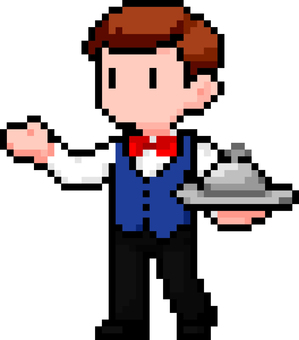 ドット絵の青のウェイターです。 ドット絵,レストラン,シンプル,サービス,ホール,フロア,接客,配膳,飲食業,接遇のイラスト素材