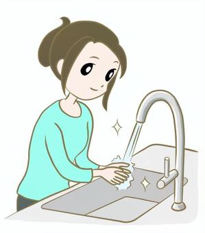 手を洗う女性のイラスト 手,洗う,女性,人物,清潔,洗浄,水,習慣,感染対策,ウィルスのイラスト素材