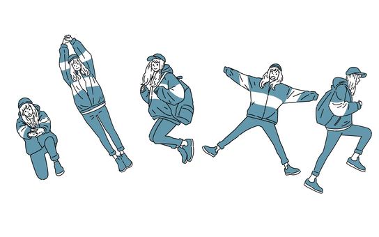 いろんなポーズをとるカジュアル服の女性 いろんなポーズをとるカジュアル服の女性 女性,若者,ポーズ,ジェスチャー,背伸び,ジャンプ,前進,全身,明るい,活発のイラスト素材