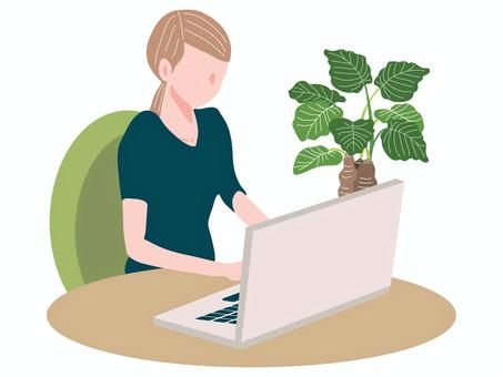 PC操作する女性 女性,パソコン,アイコン,上半身,操作,仕事,入力,室内,観葉植物,オフィスのイラスト素材