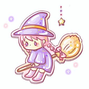 ぷっくり立体シールのハロウィン魔女 ハロウィン,立体シール,魔女,ぷっくり,シール,キャラクター,女の子,箒,魔法,キラキラのイラスト素材