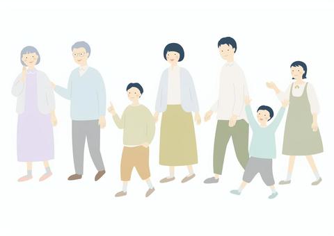 家族　7人　お出かけ 家族,家族写真,一家団らん,おじいちゃん,おばあちゃん,子ども,夫婦,親子,二世帯,散歩のイラスト素材