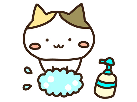 石鹸で手洗いし感染予防するかわいい三毛猫 手洗い,石鹸,感染,風邪,予防,医療,衛生,清潔,習慣,生活のイラスト素材