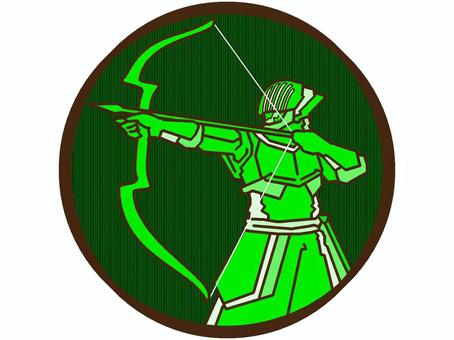 弓兵のアイコン『緑』 弓兵,兵士,戦士,武器,装備,モチーフ,カラー,弓,矢,構えるのイラスト素材