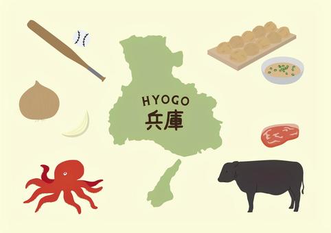 兵庫イラストセット 兵庫,玉ねぎ,神戸牛,タコ,明石焼き,野球,バット,ボール,名所,地図のイラスト素材