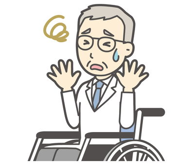  高齢男性医師-924-バスト 車いす,困る,お爺さん,医師,男性,高齢,老人,白衣,先生,病院のイラスト素材