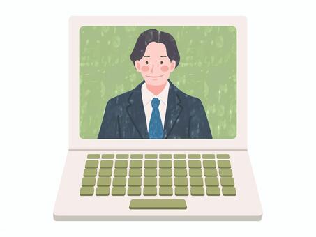 モニターに男性が映るノートパソコン pc,オンライン,web,リモート,モニター,画像,ビデオ,男性,会社員,ビジネスマンのイラスト素材