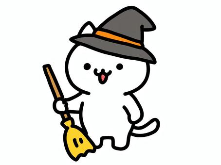 ハロウィンねこ 猫,白猫,可愛い,動物,挿絵,ゆるい,手描き,ハロウィン,帽子,ほうきのイラスト素材