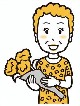 花束をもらって嬉しがっているおばちゃん 花束,大阪,おばさん,ヒョウ柄,おばはん,中年,女性,関西,派手,おばちゃんのイラスト素材