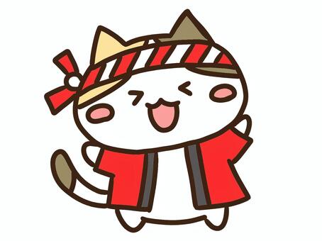 はっぴとはちまきでお祭りを楽しむ三毛猫 はっぴ,はちまき,ねこ,お祭り,縁日,夏祭り,赤,イベント,行事,かわいいのイラスト素材