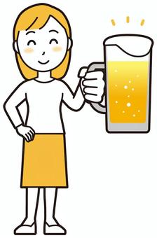  ロングヘア女性(黄)-448-全身 ビール,笑顔,女性,女の子,人物,かわいい,微笑む,にっこり,ニコニコ,お酒のイラスト素材