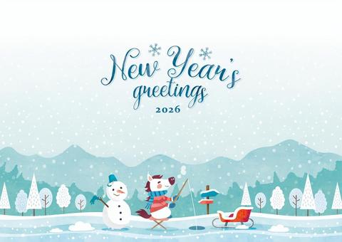 冬の背景イラスト_釣りをする馬_1 冬,年賀状,馬,背景,午年,雪,釣り,水彩,午,ワカサギ釣りのイラスト素材