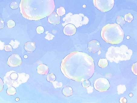 空に浮かぶシャボン玉背景　横 背景,壁紙,空,青空,雲,シャボン玉,かわいい,きれい,ポストカード,メッセージカードのイラスト素材