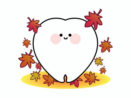 かわいい大臼歯のマスコット（もみじ） 大臼歯,秋,紅葉,歯,マスコット,キャラクター,デフォルメ,かわいい,歯科,虫歯予防のイラスト素材