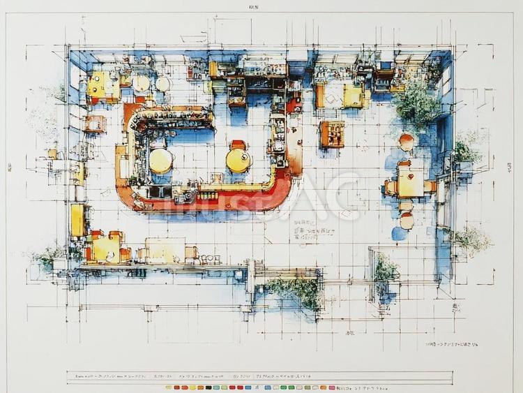 おしゃれなカフェの設計図 水彩,透視図,図解のイラスト素材