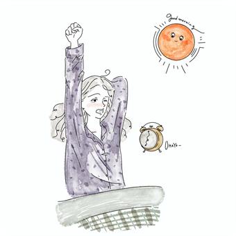 おしゃれな水彩人物｜ベッドで目覚める女性 朝,水彩イラスト,人物素材,ナチュラル,ベッドルーム,モーニング,おしゃれ素材,リラックス,女性,一息のイラスト素材