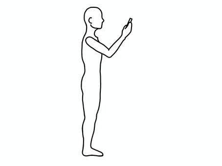 姿勢良く立ちスマホを見る人 良姿勢,スマホ,横向き,立位,線画,白黒のイラスト素材