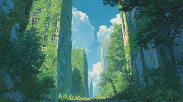 草木に覆われた廃墟のビル街と青空_1