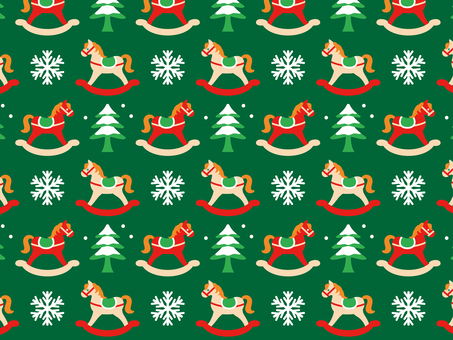 ロッキングホース&もみの木の壁紙 クリスマス,壁紙,パターン,模様,ロッキングホース,木馬,2体,もみの木,雪,雪の結晶のイラスト素材