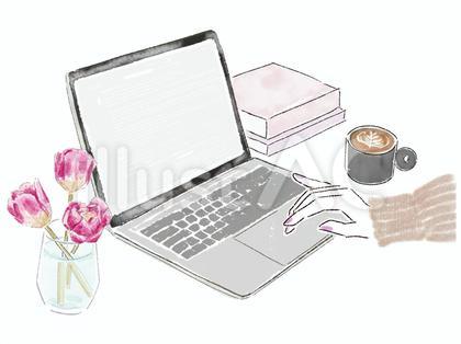 パソコン 手 花 コーヒー PC 仕事