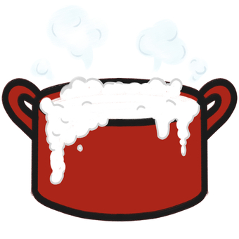 吹きこぼれる赤い鍋のイラスト 鍋,両手鍋,ホーロー鍋,お湯,沸かす,赤,湯気,かわいい,シンプル,料理のイラスト素材