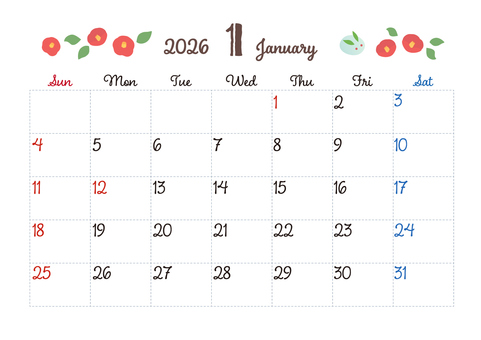 2026年1月カレンダー　椿 カレンダー,2026,1月,予定表,スケジュール,冬,椿,かわいい,a4のイラスト素材
