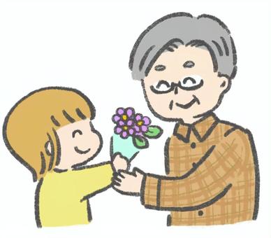 おじいちゃんに花束を渡す女の子 敬老の日,祖父母,家族,祖父,おじいちゃん,子ども,孫,花束,感謝,プレゼントのイラスト素材
