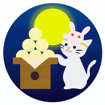 月見団子とねこ４ ねこ,ネコ,猫,動物,ペット,うさぎ,ウサギ,兎,お面,変装のイラスト素材