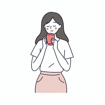 コーヒーを味わうカジュアルな女性 女性,コーヒー,飲む,マグカップ,若者,カジュアル,リラックス,笑顔,シンプル,イラストのイラスト素材