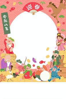 2025七福神船フレーム③縦 年賀状,令和8年,2026年,馬,午,神様,七福神,恵比寿,毘沙門天,鶴のイラスト素材
