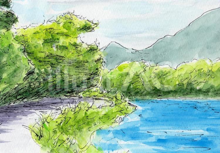 夏の佐波川 風景画,風景,水彩画のイラスト素材