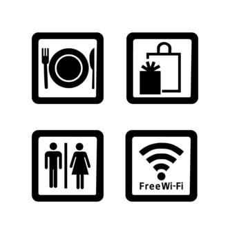 公共施設の案内用ピクトグラム 食事,トイレ,お手洗い,wi-fi,デパート,公共施設,ピクトグラム,アイコン,ベクター,目印のイラスト素材