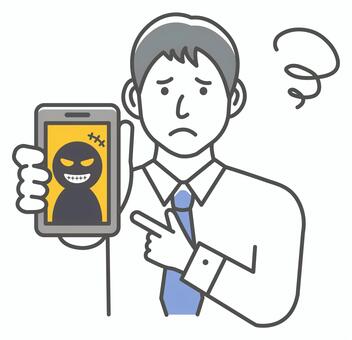 ネット詐欺・ハッキング男性会社員イラスト 詐欺,架空請求,悪人,ビジネス,男性,サラリーマン,会社員,電話,スマートフォン,困るのイラスト素材