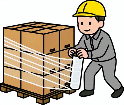 荷物をラップで巻くグレーの作業員です。 倉庫作業,物流,シンプル,マテリアルハンドリング,マテハン,パレット積み,ラップ,巻く,荷物,固定のイラスト素材