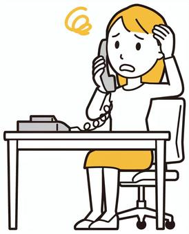  ロングヘア女性(黄)-542-全身 電話,困った,女性,女の子,人物,かわいい,悩む,考える,心配,不安のイラスト素材