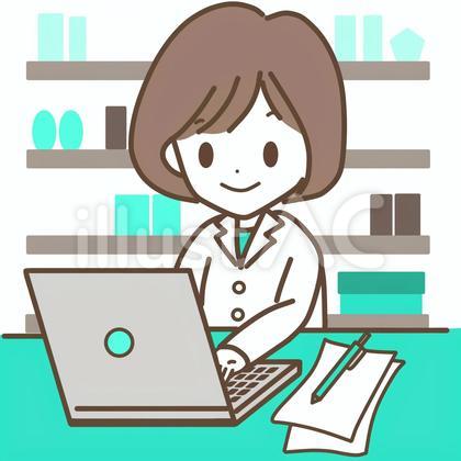 PCで入力をする白衣の女性(背景あり)