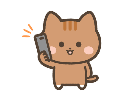 笑顔で電話をするねこのイラスト（茶トラ） ねこ,電話,かける,スマホ,連絡,笑顔,日常,表情,電話する,かわいいのイラスト素材