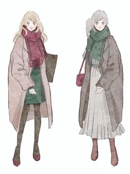 大人可愛い冬コーデ　赤×緑　クリスマス 女性,女の子,きれい,可愛い,冬,冬コーデ,クリスマス,クリスマスカラー,赤,緑のイラスト素材