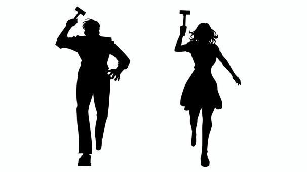 ハンマーを手に走る男女（シルエット） 女性,男性,人物,狂人,暴漢,通り魔,不審者,異常者,走る,金槌のイラスト素材