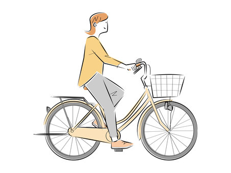 自転車に乗る女性 人物,女,自転車,ママチャリ,サイクリング,ツーリング,走る,漕ぐ,運転,運動のイラスト素材