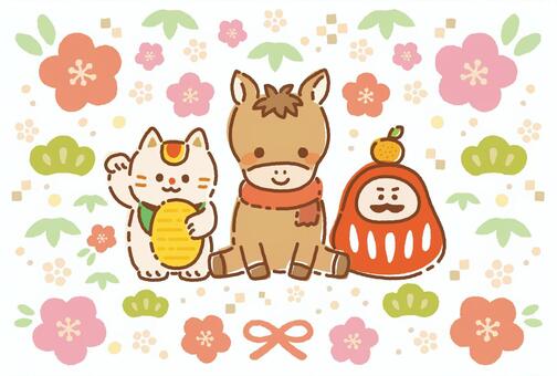 2026年かわいい午年年賀状イラスト02 お正月,年賀状,正月,午年,馬,冬,リボン,和柄,午,和風のイラスト素材