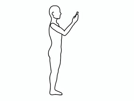 反り腰で立ちスマホを見る人 反り腰,スマホ,横向き,立位,線画,白黒のイラスト素材