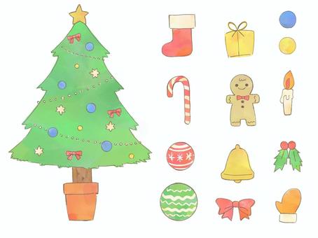 水彩風のクリスマスツリーと飾りセット クリスマス,クリスマスツリー,飾りのイラスト素材